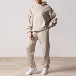 Ensemble de survêtement unisexe en coton beige à capuche, coupe ample à manches longues avec poches latérales, taille élastique, tenue décontractée pour l'automne - Product Image 1