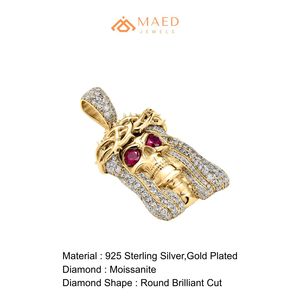 Pendentif Jésus en Moissanite plaqué or et argent, micro-incrusté de pierres rouges aux yeux glacés, style Hiphop, collier de luxe streetwear, cadeau - Product Image 6