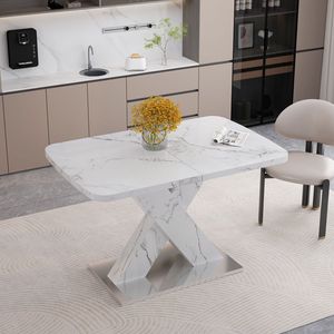 Tavolo da Pranzo Moderno Quadrato con Piano in Marmo Bianco Estensibile e Base in Metallo a X in MDF con Design Stampato (SKU W7) - Product Image 4