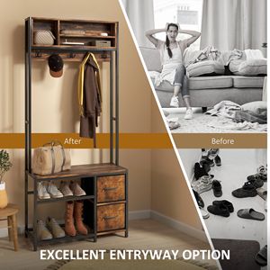 Panca da ingresso 5 in 1 con appendiabiti, 3 ripiani portaoggetti, 2 cassetti in tessuto - Mobile ingresso con contenitore per scarpe, marrone - Product Image 5