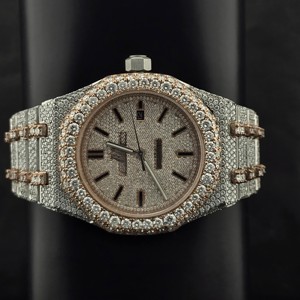 นาฬิกาข้อมือควอตซ์ Ice Look Jewelry Luxury Hip Hop ขนาด 41 มม. ตัวเรือนสีโรสโกลด์ สายสแตนเลส ขอบหน้าปัดประดับโมอิสซาไนต์ พร้อมหน้าปัดแสดงวันที่ ดีไซน์หรูหรา - Product Image 1