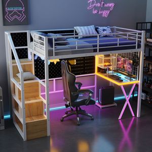 Twin Size Metal Loft <b>Bed</b> with <b>LED</b> White Work Station Built-In Wardrobe and Storage Staircase Kids' Furniture Set - Product Image 2