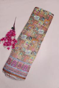 Tissu en viscose pure jacquard beige camel à imprimé ethnique et paysager avec bordure ornementale pour la confection de Kurtis de créateurs - Product Image 5