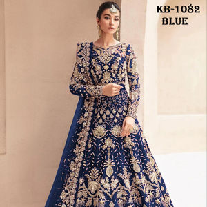 Filet papillon lourd avec un beau travail de broderie avec une robe Anarkali semi-cousue entièrement en diamant pour le mariage - Product Image 5