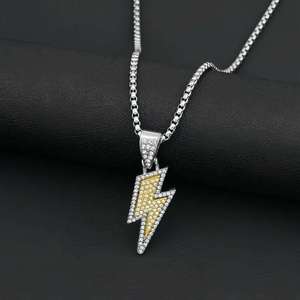 Lightning Pendant Necklace <b>Iced</b> <b>Out</b> Cubic Zirconia Stainless Steel <b>Chain</b> Unisex Hip Hop Jewelry Gift - Product Image 3