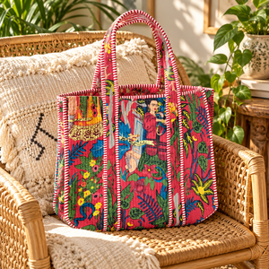 Sac fourre-tout matelassé en coton rose tropical, imprimé portrait botanique coloré, pour femme, sac à bandoulière de shopping, vente en gros - Product Image 3