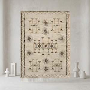 Tapis moderne en jute tissé à la main, géométrique, antidérapant, crème beige marron, tissage plat, kilim, bordure à franges, décoration intérieure - Product Image 1