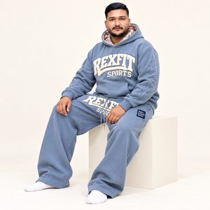 Custom Unisex <b>Oversized</b> <b>Fleece</b> <b>Hoodie</b> Sweatpants Set with Applique Letter Rhinestone Sleeve Detail Wide Leg Tracksuit Set OEM - Product Image 1