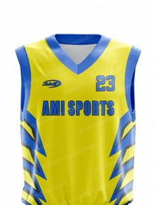 Conjunto de Camiseta y Pantalones Cortos de Baloncesto Personalizados AMI SPORTS, Diseño Geométrico Amarillo y Azul Sublimado, Ropa Deportiva Unisex para Adultos - Product Image 4