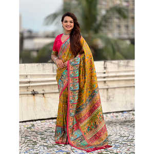 Sari Darbari en Amarillo Mostaza, Seda Viscosa Pura con Estampado Posicional para Vestidos de Cóctel - Product Image 6