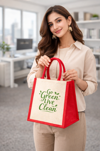 Bolsa de Yute Roja y Blanca de Moda con Frase Impresa, Bolsa de Compras Reutilizable Ecológica con Cierre Abierto y Asas - Product Image 4