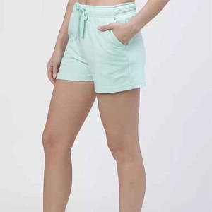 Women's Mint Green Cotton Terry Shorts Mid Waist <b>Drawstring</b> Casual Regular Fit Solid Color Knitted Breathable Shorts - Product Image 3