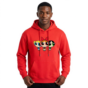 Sweat à capuche rouge pour homme Powerpuff Girls, imprimé avec un motif de personnage, logo sur le devant, sweat à capuche en molleton tricoté, style automne - Product Image 1