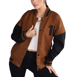 Chaqueta Varsity Marrón para Mujer, Manga Larga, Color en Contraste, Número 10, Logotipo Frontal, Estilo Otoñal, Largo Regular, Cuello con Botones - Product Image 4