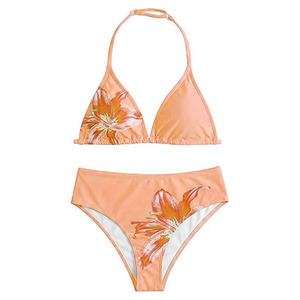 Conjunto de Bikini Triangular con Estampado Floral, Top Halter, Braguita de Cintura Alta, Traje de Baño para Mujer, Tela Elástica de Secado Rápido, Ropa de Playa - Product Image 1
