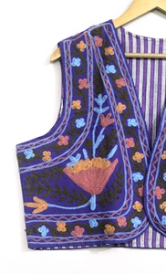 Gilet court en coton vintage pour femme, col en V, rayé violet, broderie florale faite à la main, vêtement d'extérieur - Product Image 5