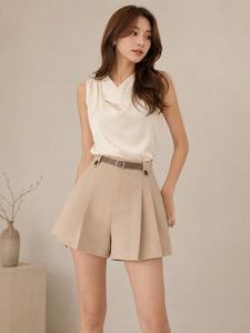 Women's Beige High Waist Pleated Shorts With <b>Belt</b> Minimalist Style Regular Fit Solid Color Breathable Woven Fabric - Product Image 6