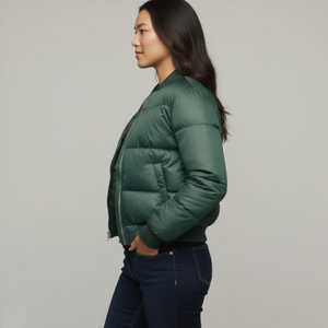 Blouson bomber matelassé vert pour femme, manches longues, col montant, fermeture éclair, vêtement d'hiver, couleur unie, rembourrage en polyester - Product Image 2