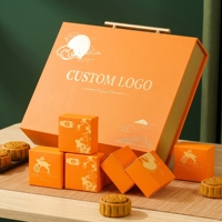 Boîtes cadeaux rigides orange haut de gamme avec impression dorée pour l'emballage de gâteaux de lune, forme carrée, design haut de gamme