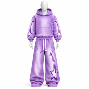 Ensemble survêtement décontracté 2026 personnalisé avec impression par transfert thermique, sweat à capuche vintage délavé à l'acide grande taille et pantalon de jogging évasé, en tissu 100% coton - Product Image 1