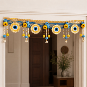 Toran de porte fait main en perles œil porte-bonheur, bleu et or, à motifs floraux, avec pompon de perles, décoration murale festive pour Puja, maison et temple, cadeau - Product Image 2