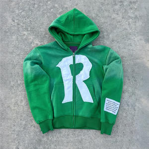 Hoodie Manufacturers Custom Streetwear Cut and Sew Zip up Applique Hoodie Distressed Embroidery Patch Acid Wash Hoodies - Product Image 6