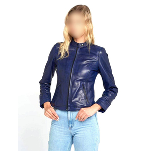 Women's Genuine Leather Moto Jacket Stand Collar Full Sleeve <b>Zipper</b> Closure Blue Solid Color Autumn Wear - Product Image 6