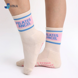 <b>Custom</b> Logo White <b>Socks</b> With Blue and Pink Stripes Anti-Slip <b>Grip</b> Bottom For Yoga And Pilates Activities Spring Season Wear - Product Image 3