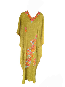 Elegant Olive Green Floral Embroidered Neck Floor Length <b>Long</b> Sleeve <b>Kaftan</b> <b>Dress</b> Fusion Traditional Craftsmanship Contemporary - Product Image 3