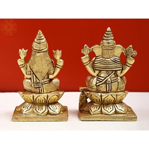 Sculpture en laiton faite à la main de 3 pouces Lakshmi Ganesha assis sur un piédestal de lotus petite statue élégante - Product Image 4