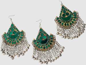 Afghan Tribal Jewelry Set In Deep <b>Red</b> Featuring Statement Choker Necklace With Round And Square Glass Stones Matching Earrings - Product Image 6