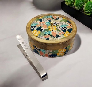 Acacia Wooden Serving Storage Bowl with <b>Lid</b> & Metal Tong Tableware Dinnerware Home <b>Decor</b> Foods & Snack Storage Box At Best Price - Product Image 3