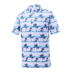 Chemise de golf pour homme de qualité supérieure, coupe ajustée, haute élasticité, boutonnée, grande taille, manches courtes, tricotée, respirante, imprimé palmiers - Product Image 1