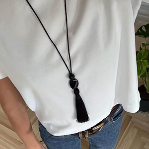 Handcrafted Black Tassel <b>Necklace</b> Long Beaded Boho <b>Statement</b> <b>Necklace</b> Elegant Handmade Jewelry for Women - Product Image 1