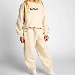 Ensembles de vêtements décontractés unisexes pour filles, sweat-shirt beige, pantalon de survêtement uni, 100% coton épais, hiver, logo personnalisé, survêtements - Product Image 1