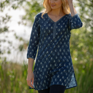 SALE Long KURTA TOP Style 2 Denim Blue with White Motif 100% Lightweight V-neck Long Sleeve Top For Women Gift For Her - Product Image 5