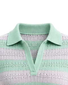 Mono de punto a rayas verde menta y blanco para mujer, manga corta, cuello polo, algodón, informal de verano, de una pieza, ajustado, personalizado - Product Image 4