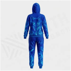 Ensemble de survêtement unisexe à capuche avec imprimé flamme de loup bleu, pantalon de survêtement décontracté long et veste, vêtements d'automne en polyester respirant - Product Image 2