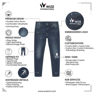 WIZE INTERNATIONAL Jean en denim coupe droite bleu foncé pour homme, taille haute, fermeture boutonnée, décontracté, 100% coton, délavé - Product Image 6