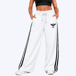 Pantalon de survêtement blanc pour femme, coupe large, avec bandes latérales noires, taille haute, cordon de serrage, poches, vêtement de sport, coupe ample - Product Image 1