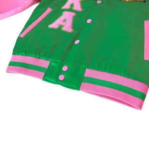 AKA <b>Pink</b> Green Satin Bomber <b>Jacket</b> Unisex Letterman Style Zip Up <b>Jacket</b> Casual Streetwear Fashion Outerwear Apparel - Product Image 6