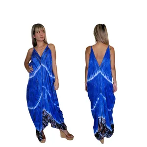 Vestido largo de rayón azul con efecto tie-dye para mujer, cuello en V profundo, sin mangas, espalda descubierta, estilo bohemio, vestido largo fluido para la playa - Product Image 2