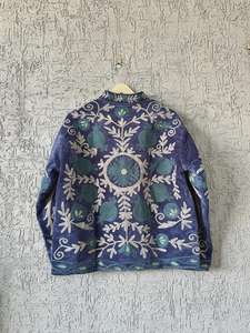 Blue Embroidered Suzani Velvet Short Jacket Statement Outerwear Coat Velvet Blazer Unisex Jacket Gift For <b>Wife</b> Bridal Jacket - Product Image 3