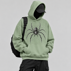 Sweat-shirt à capuche vert clair pour homme, décontracté, avec poche avant, imprimé toile d'araignée noire, coupe ample, 100% coton molletonné - Product Image 1