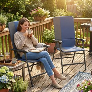 Set di 2 sedie pieghevoli da giardino blu scuro imbottite con schienale alto, mobili da campeggio con braccioli in tessuto Oxford 600D - Product Image 2