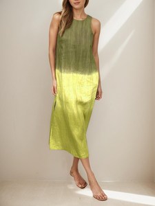 Women Ombre Cotton Linen Midi <b>Dress</b> Sleeveless Straight Fit Casual <b>Summer</b> <b>Dress</b> Side Slit Minimalist Elegant <b>Dress</b> - Product Image 4