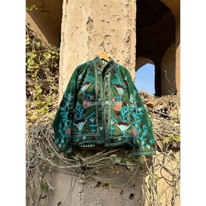 Green Velvet Jacket Uzbek Suzani Embroidery Jacket <b>Coat</b> Handmade Winter Unisex Jacket With Two Side Pockets - Product Image 1