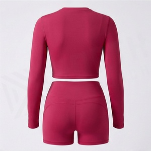 Conjunto Deportivo de 2 Piezas para Mujer, Top Corto de Manga Larga, Pantalones Cortos de Cintura Alta, Color Sólido, Tejido Transpirable, Ropa Deportiva por Encima de la Rodilla - Product Image 2