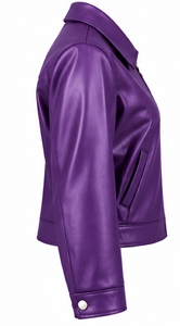 Chaqueta de Cuero Genuino Morada para Mujer, Chaqueta Corta Estilo Motociclista con Cuello Camisero y Cierre de Cremallera - Product Image 3