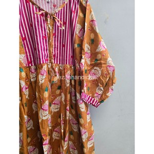 Robe midi pour femme de style bohème avec panneau à rayures contrastées, manches bouffantes, coupe ample en A, en coton, robe décontractée d'été - Product Image 5